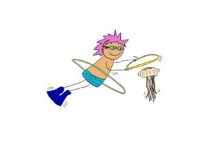 Comiczeichnung mit einen Hula-Hoop Jungen der taucht mit einer Qualle
